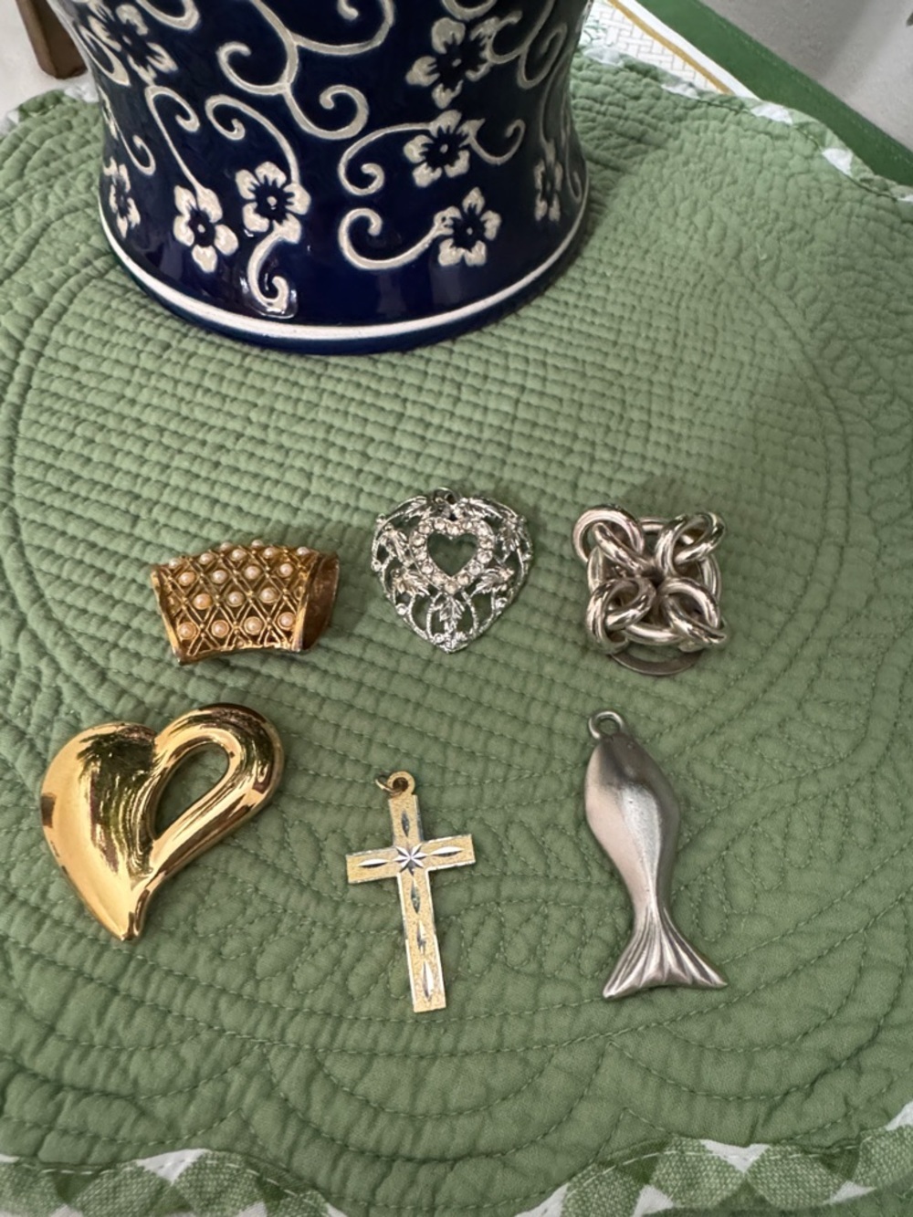 Mixed Metal Charms / Pendant Lot - Heart, Cross, Fish & Decorative Pieces (6)